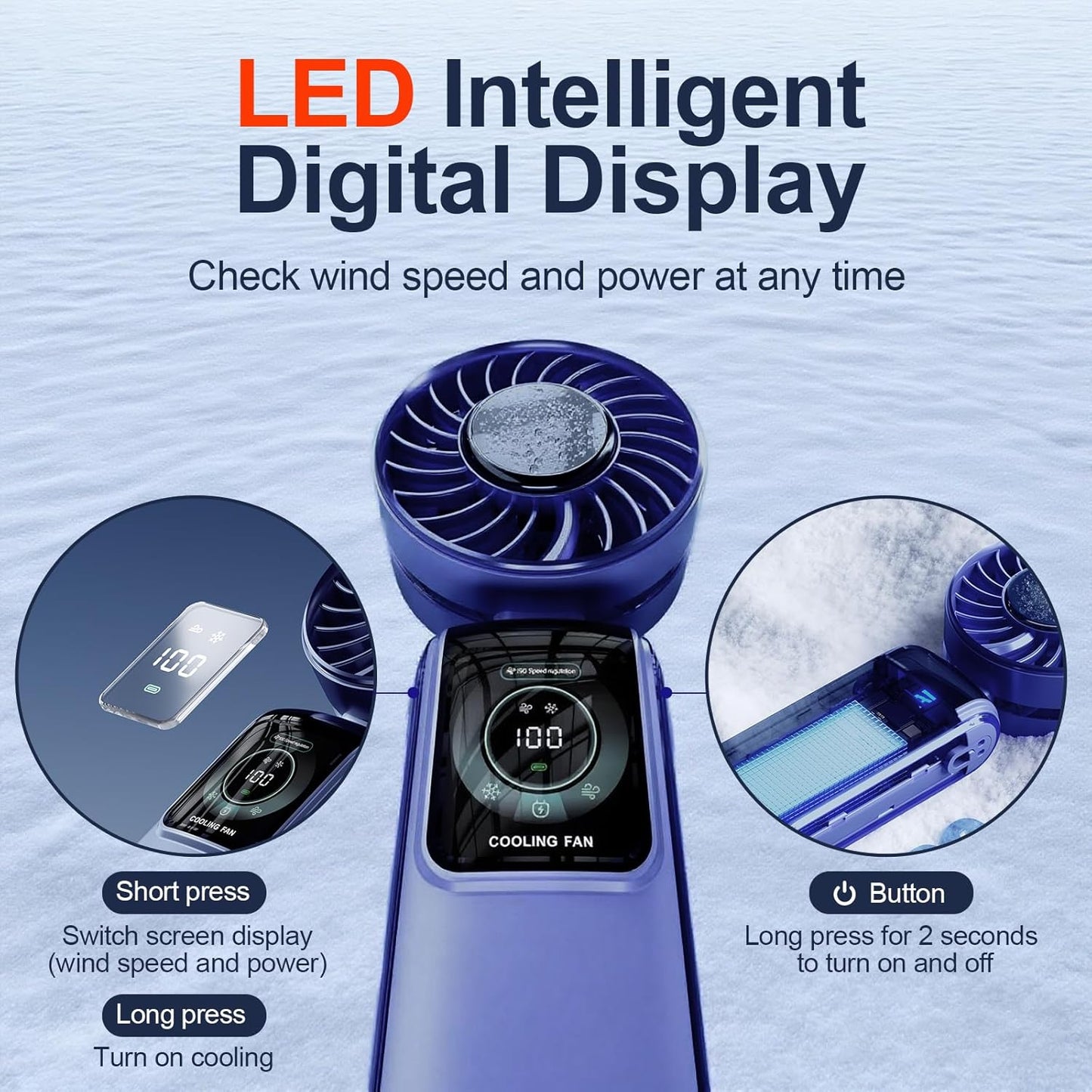 Blows Cold Air Portable Handheld Fan with Stand & Lanyard, 5000mAh USB-C Rechargeable Battery, 12H/5-Speed LED Display Mini Fan for Travel Beach Cruise Concerts Outdoor Events(Blue)