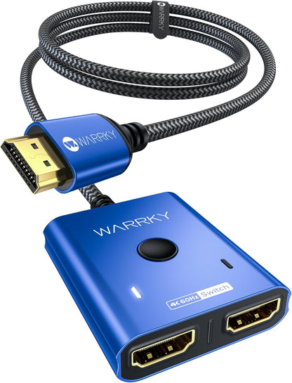 4K@60Hz HDMI Splitter Switch 2 in 1 Out, WARRKY [3.3ft Fixed Braided HDMI Cable, Aluminum Case, HDCP 2.2] Bidirectional 2x1 Switcher UHD Compatible for PS5/4, Nintendo Switch, Roku, FireStick – Blue