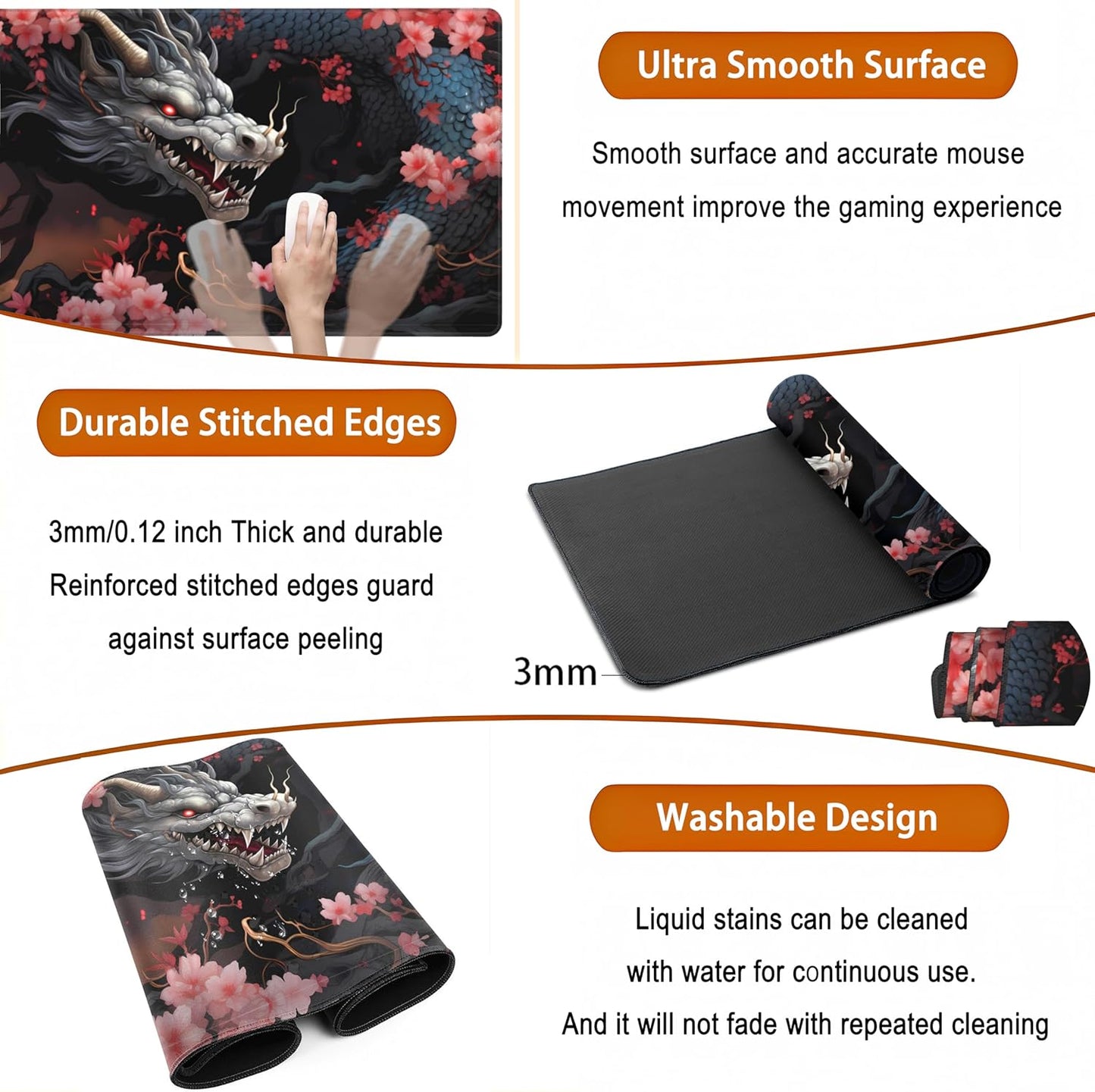 Cute Sakura Dragon Gaming Mouse Pad Kawaii XXL Large Extended Anime Desk Mat, Non-Slip Rubber Base Mousepad, Office Decor Desk Pad, Cool Keyboard and Mouse Mat with Stitched Edges, 31.5x15.75 in