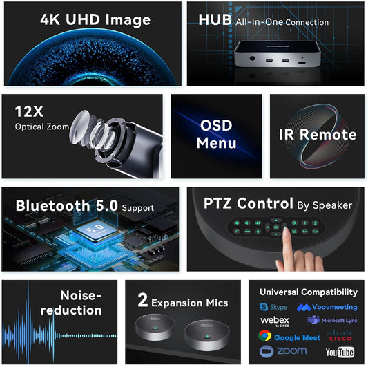 Tenveo 4K PTZ Conference Room Camera System Audio and Video Conferencing 12X Optical Zoom HDMI PTZ Camera and Bluetooth Speakerphone with 2 Expansion Mics Bundle Wide Angle for Large Remote Meetings