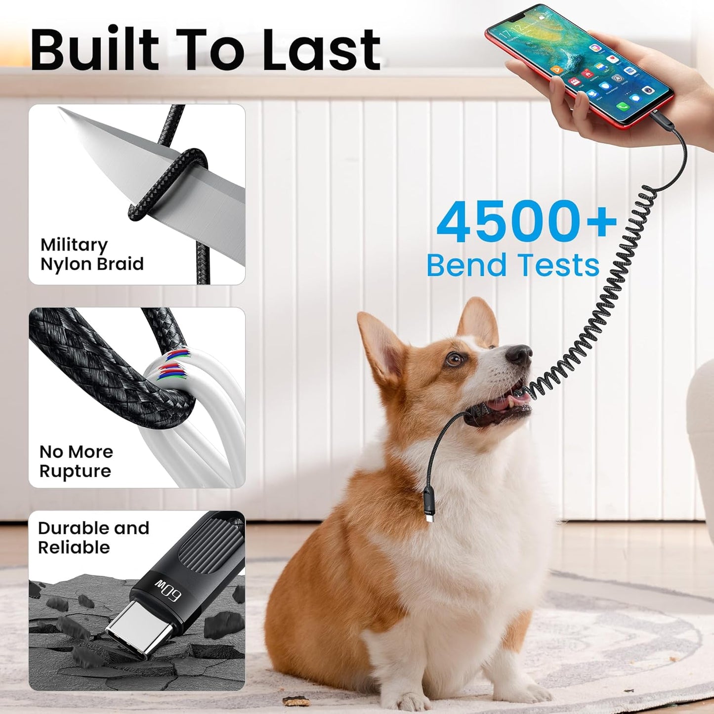 Coiled USB C to USB C Cable 2Pack 3FT Braided Retractable Fast Charging Cable for Car, Compatible with iPhone 16/15 Pro Max/Galaxy S24/S23/S22, Supports Car Play & Android Auto-Black