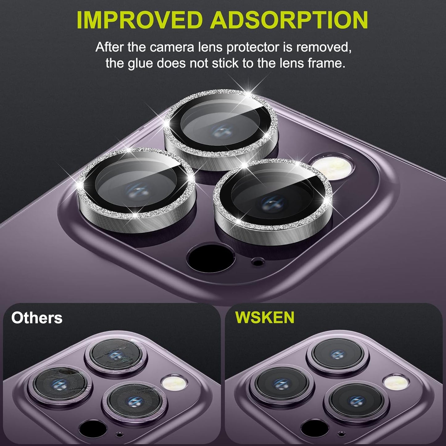 WSKEN for iPhone 14 Pro/iPhone 14 Pro Max Camera Lens Protector,[Night Shooting Mode] HD Tempered Metal Glass Camera Screen Protector Cover Film Accessories, Glitter