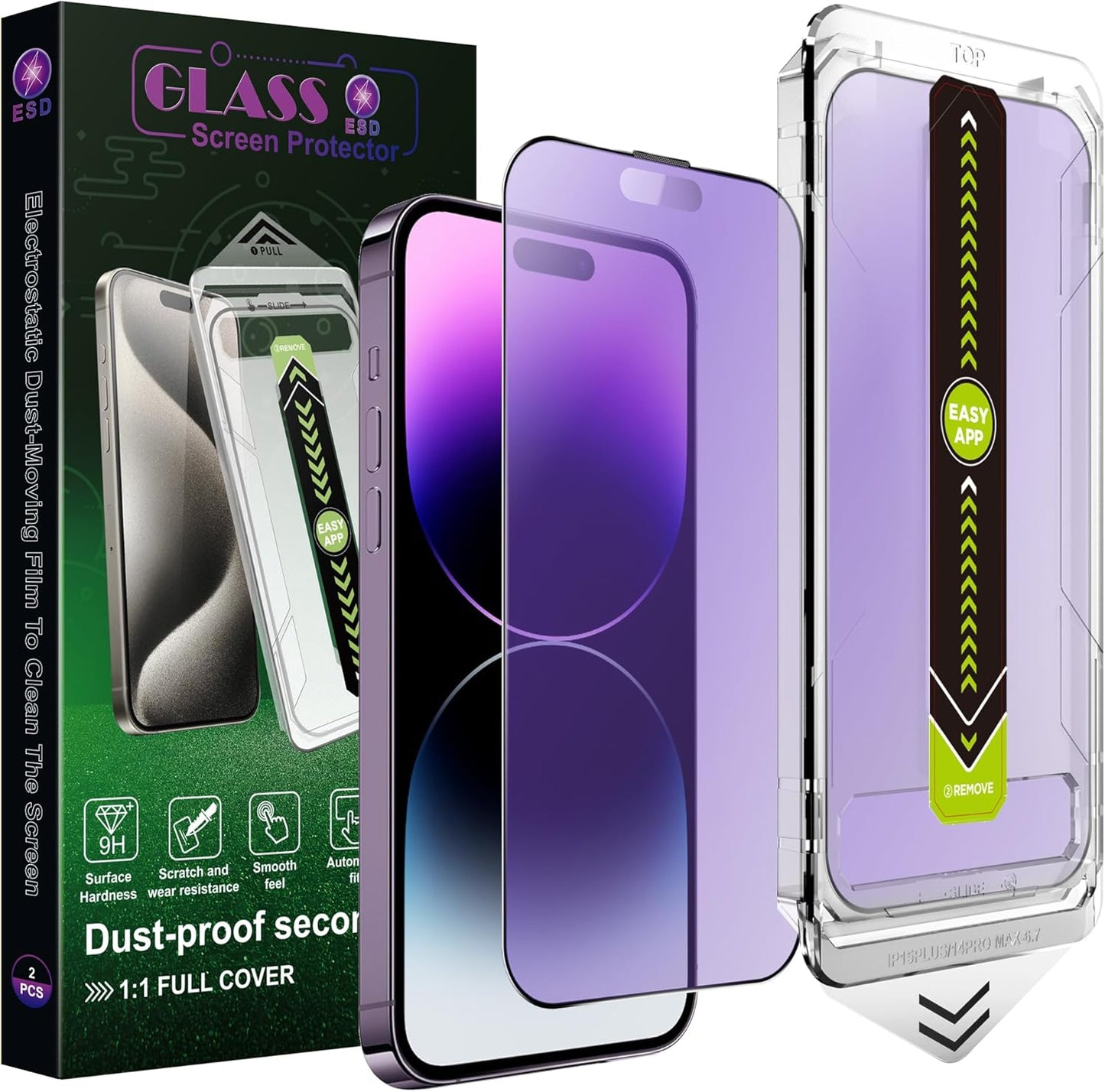 (2-Pack Anti Blue Light Matte Screen Protector for iPhone 14 Pro Max/15 Plus/16 Plus (6.7-Inch),9H Tempered Glass,Anti-Glare,Full Coverage,Anti-Fingerprint,Auto Dust Removal,Bubble-Free