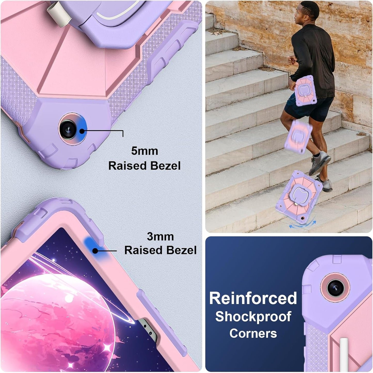 for Galaxy Tab A9 Plus Case 11 Inch, Rugged Case for Samsung Galaxy A9+ Tablet with Screen Protector 360 Rotating Stand Shoulder Strap Pen Holder, 2023 Model(SM-X210/X216/218), Purple Rose