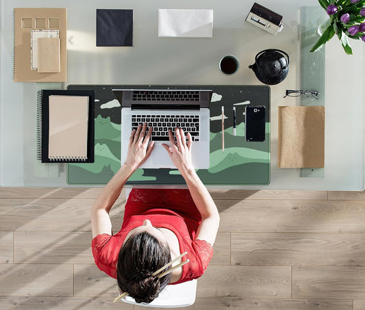 Anime Green Cats Mouse Pad Desk Pad Kawaii Cartoon Cat Desk Mat Cute, XXL Large Laptop Gaming Mousepad Keyboard Mouse Mat, Office Desk Decor matt for Women with Stitched Eges Pad, 31.5x15.75 in