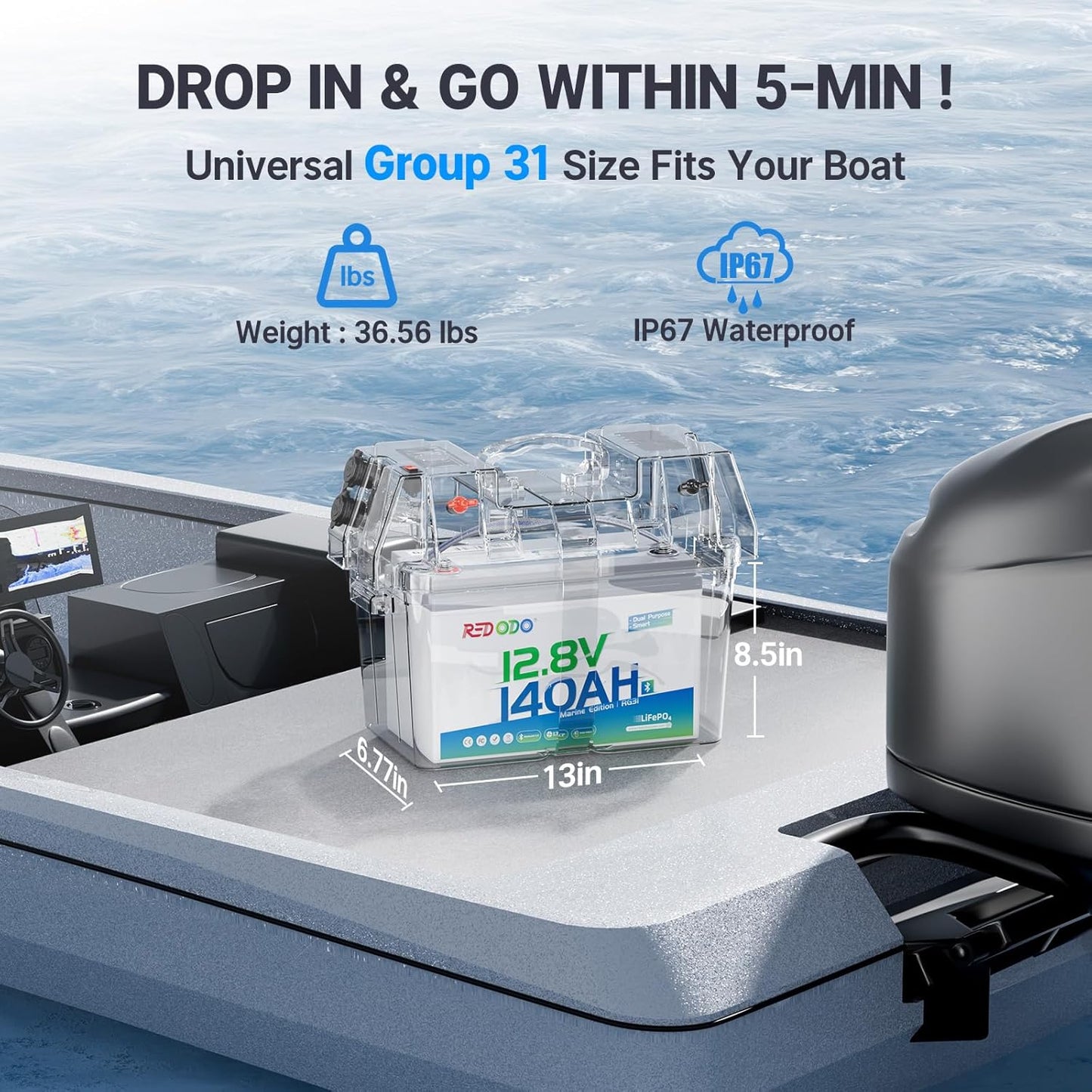 Redodo 12V 140Ah Dual Purpose Lithium Marine Battery, 1000CCA Group 31 Bluetooth Starting Battery with Self Heating
