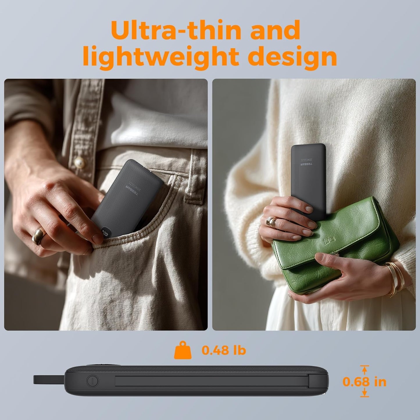 TESSAN Portable Charger with Built in Cables, 10000mAh Power Bank Fast Charging with Foldable AC Plug, 20W Compact Battery Pack Travel Essentials for iPhone 16/15 Series, Samsung, Tablets, Black