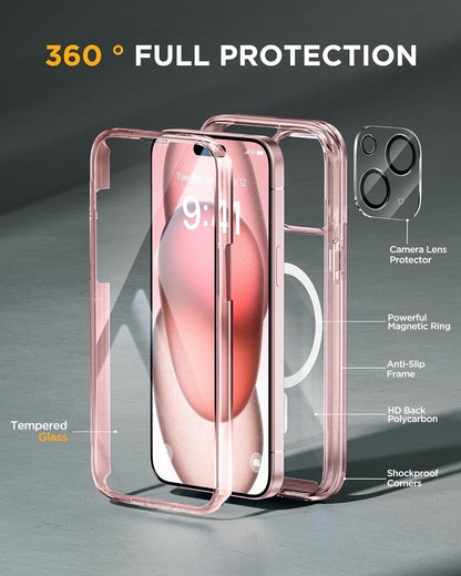 Miracase Glass Series for iPhone 15 Case [Compatible with MagSafe] Full-Body Magnetic Case with Built-in 9H Tempered Glass Anti-Fingerprint Screen Protector + Camera Lens Protector, Clear Pink