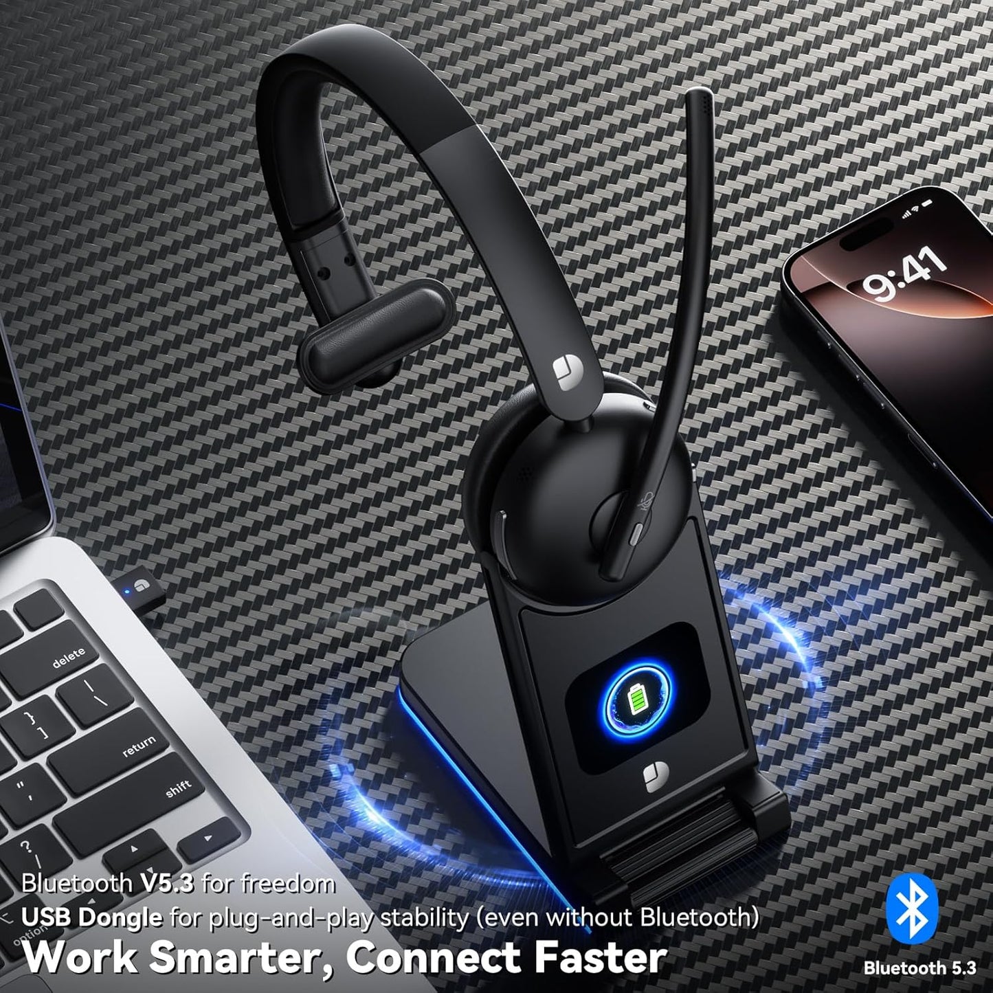 Wireless Headset with Mic for Work, Wireless Headset with Microphone (Noise Cancelling), Smart Mult-Func Dock, 65H Worktime&Fast Charge Bluetooth Headphones for Work/PC/Computer/Call Center/Teams/Zoom