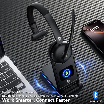 Wireless Headset with Mic for Work, Wireless Headset with Microphone (Noise Cancelling), Smart Mult-Func Dock, 65H Worktime&Fast Charge Bluetooth Headphones for Work/PC/Computer/Call Center/Teams/Zoom
