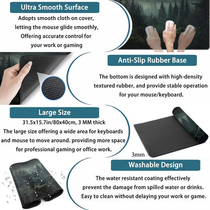 Cute Dark Gloomy Forest Desk Mat, Gothic XXL Large Extended Gaming Mouse Pad Mat, Non-Slip Rubber Base Mousepad Computer Keyboard and Mouse Mat, Desk Pad with Stitched Edges, 31.5x15.75 in