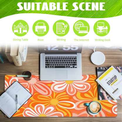 Desk Pad - Hippie Vintage Orange Flowers Desk Mat, Retro Floral Large Gaming Mouse Pad with Non-Slip Base and Stitched Edge, 31.5"x11.8"