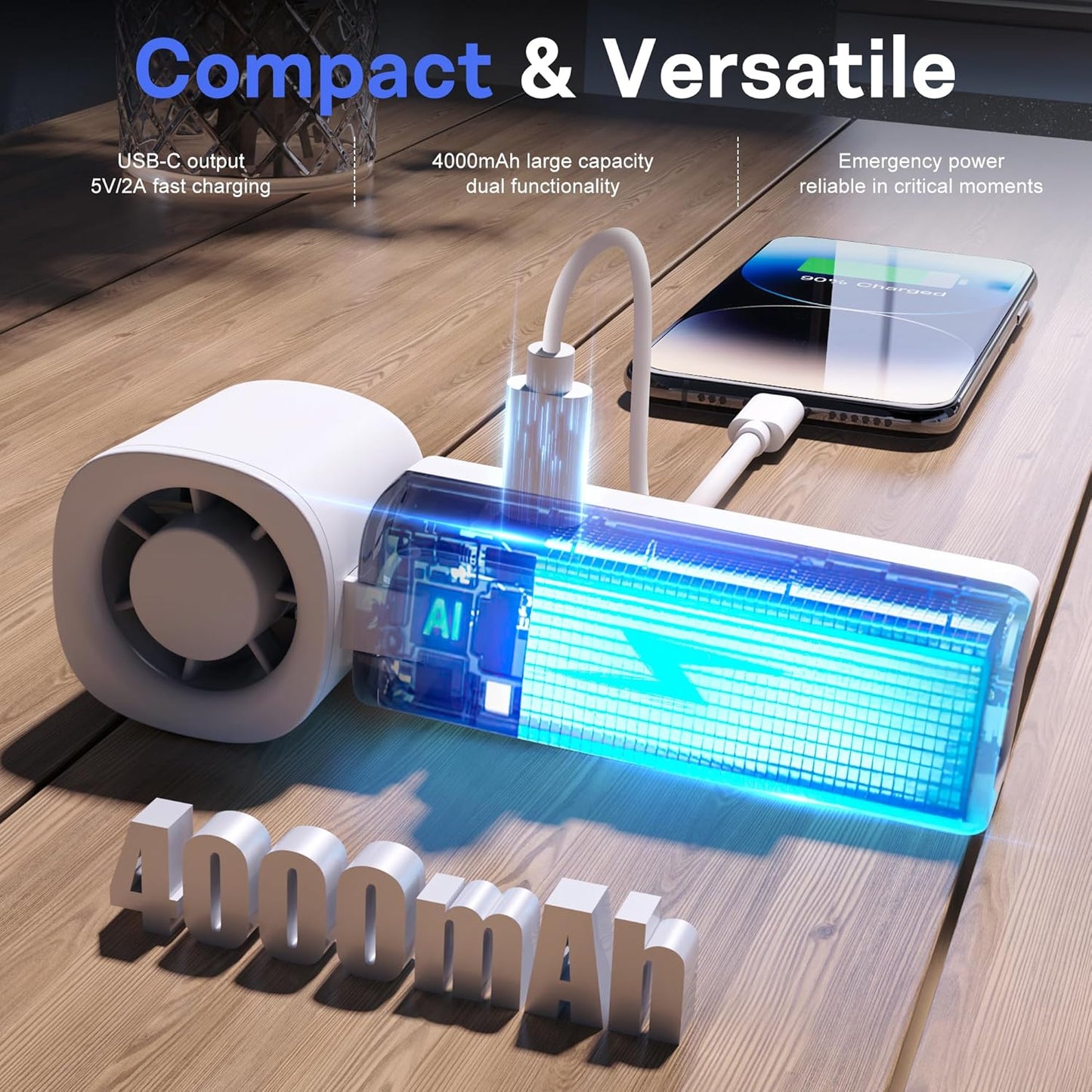 Personal Handheld Fan, Portable 3-in-1 High-Speed Turbo Fan with 5 Gear Wind, USB Mini Personal with 4000mAh Rechargeable Battery for Outdoor/Summer/Travel/Camping/Vacation Essentials Grey