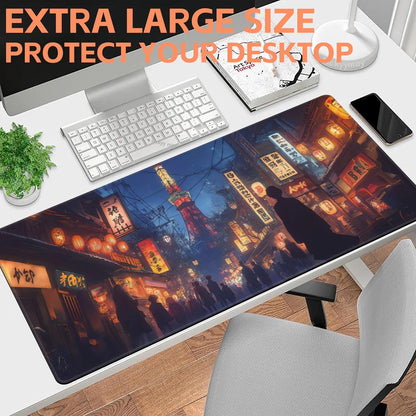 Mouse Pad Large Bustling Street in Tokyo Non-Slip Gaming Desk Mat with Stitched Edge Laptop Keyboard Desk Pad for Work Home Gaming (35.4 x 15.7 Inches)