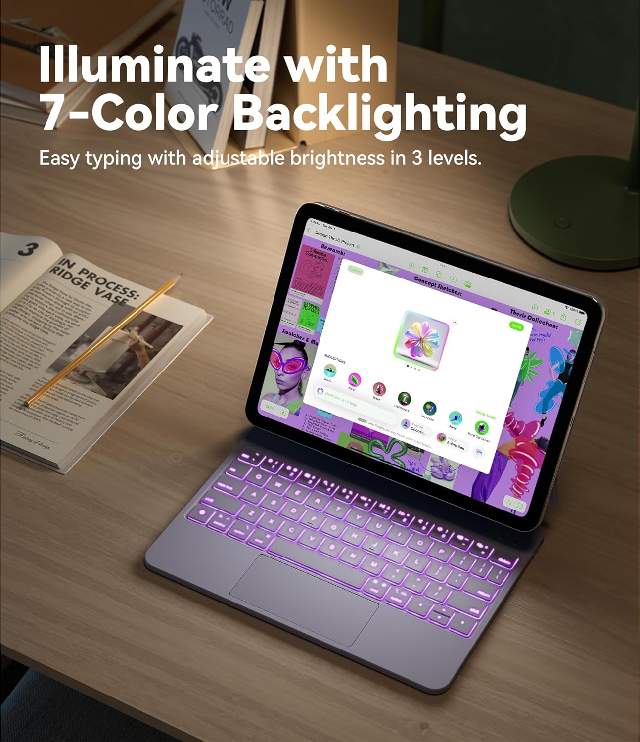 GreenLaw for iPad 11th(A16,2025)/10th(2022) Generation Case with Keyboard, Magic-Style Keyboard Stand, 7 Color Backlit, Stain-Resistant Surface, Multi-Touch Trackpad, Light Purple