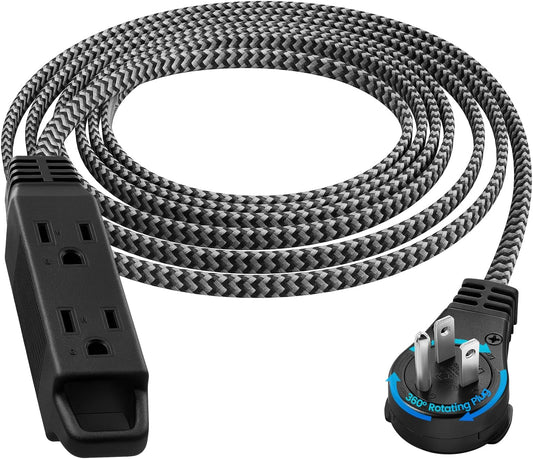 SURAIELEC 10FT 360° Rotating Flat Plug Extension Cord Flat Wall Plug with 3 Outlets, Braided Flat Black Extension Cord for Indoor Use, Small Space, 16/3C SPT, ETL Listed