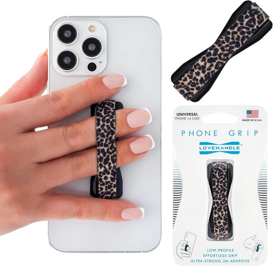 LOVEHANDLE Universal Phone Grip for Smartphones & Mini Tablets - Phone Holder for Hand - Wireless Charging Compatible - Made in The USA - Leopard