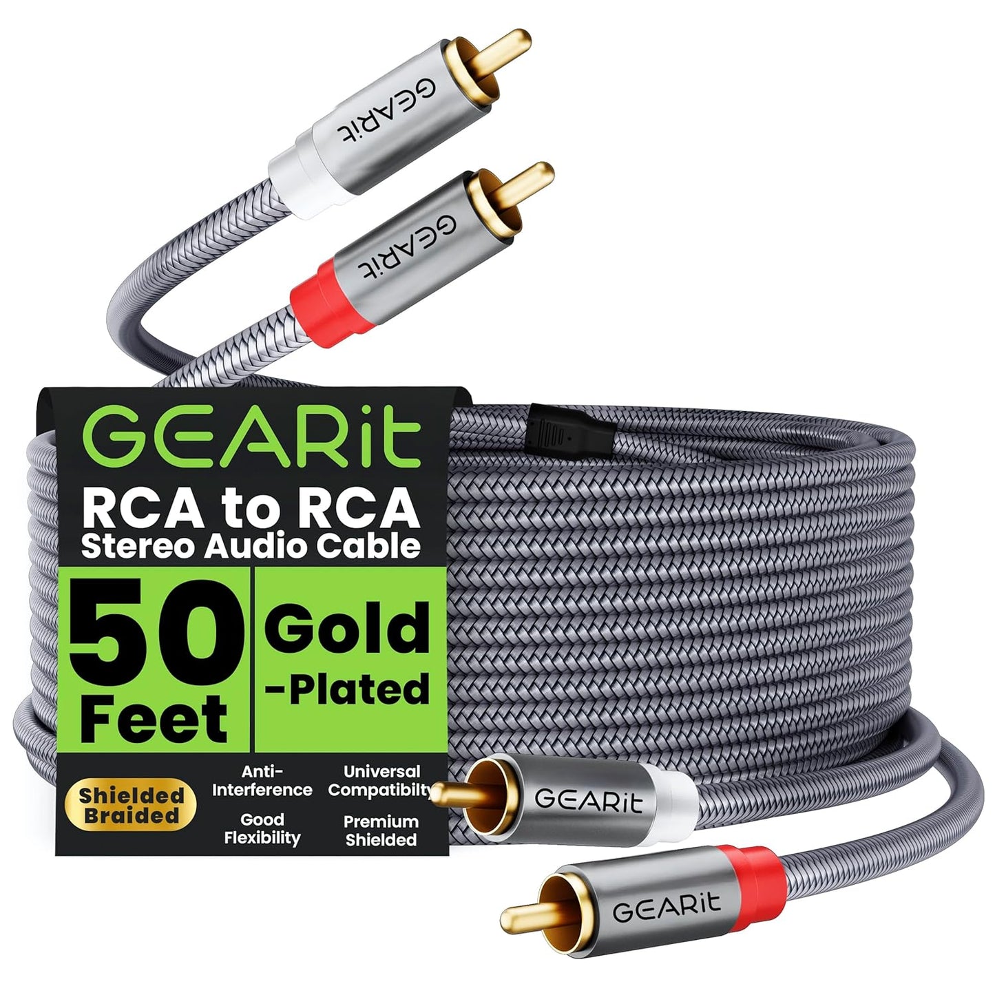 GEARit RCA Cable (50FT) 2RCA Male to 2RCA Male Stereo Audio Cables Shielded Braided RCA Stereo Cable for Home Theater, HDTV, Amplifiers, Hi-Fi Systems, Car Audio, Speakers, 50 Feet