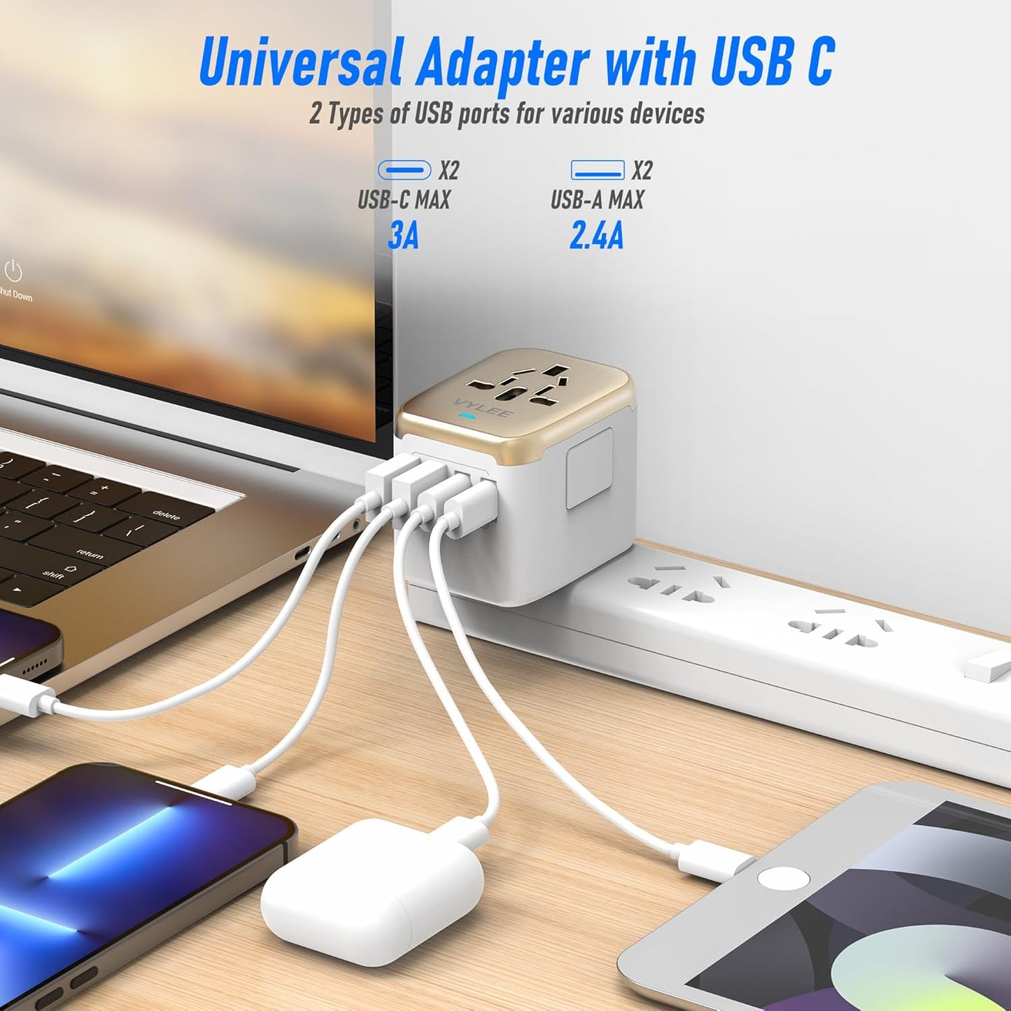 Universal International Power Travel Plug Adapter, 5 in 1 European Travel Plug Adapter W/ 3.5A 2xUSB-A and 2xUSB C Wall Charger and Worldwide AC Outlet for Europe USA UK AUS Asia (White Gold)