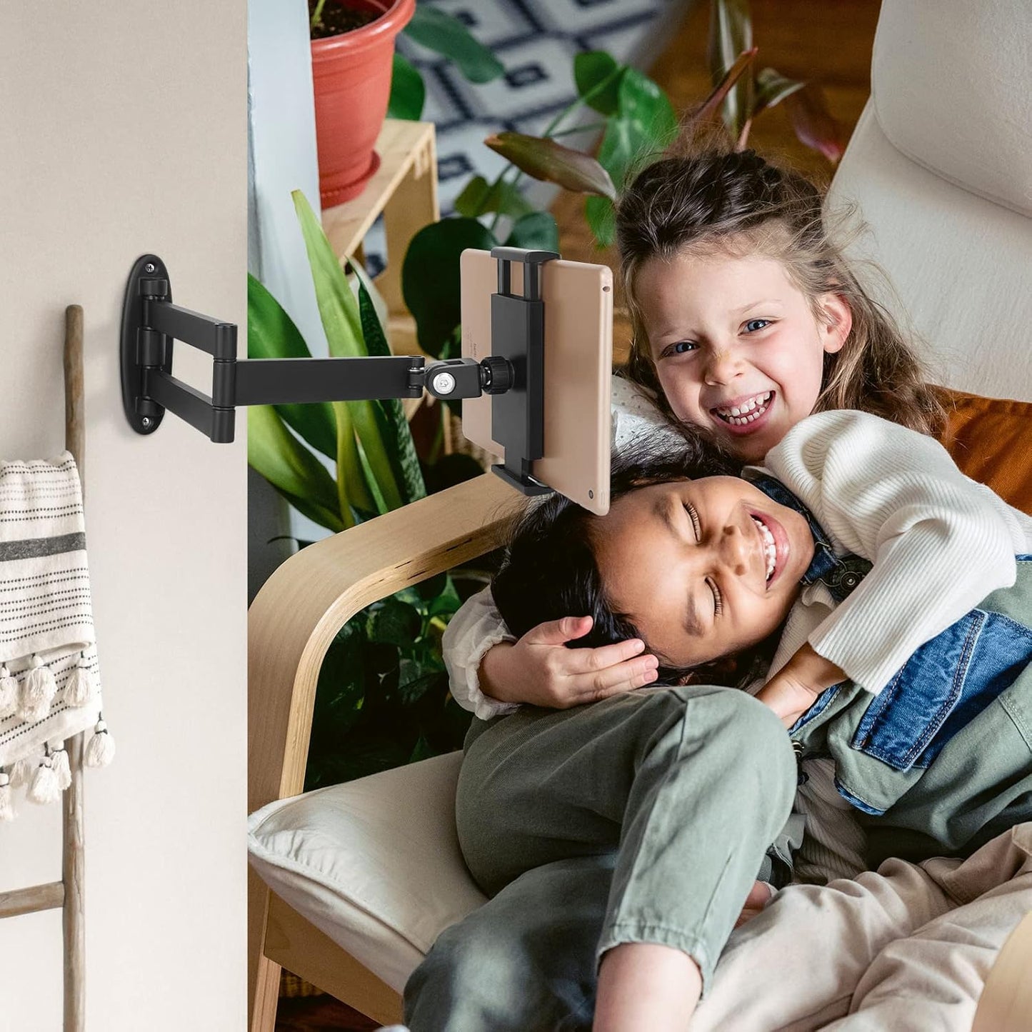 Tablet Wall Mount with Adjustable Long Arm Hinge 360° Swivel Bracket for 4.7 to 12.9 inch Tablet or Phone（Black）