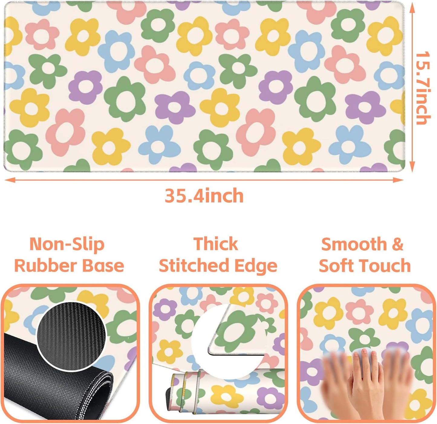 Mouse Pad Large Vintage Groovy Flowers Non-Slip Gaming Desk Mat with Stitched Edge Laptop Keyboard Desk Pad for Work Home Gaming (35.4 x 15.7 Inches)