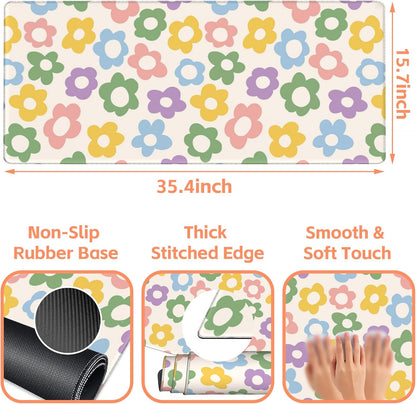 Mouse Pad Large Vintage Groovy Flowers Non-Slip Gaming Desk Mat with Stitched Edge Laptop Keyboard Desk Pad for Work Home Gaming (35.4 x 15.7 Inches)