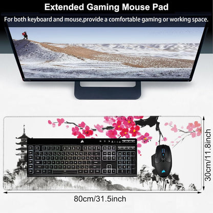 Chinese Ink Painting Desk Mat,Large Abstract Landscape Painting Gaming Keyboard Mouse Pad,Non-Slip Rubber Base Desk Pad Thick Stitched Edges Waterproof Mousepad Mouse Mat 31.5"x11.8"