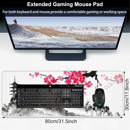 Chinese Ink Painting Desk Mat,Large Abstract Landscape Painting Gaming Keyboard Mouse Pad,Non-Slip Rubber Base Desk Pad Thick Stitched Edges Waterproof Mousepad Mouse Mat 31.5"x11.8"