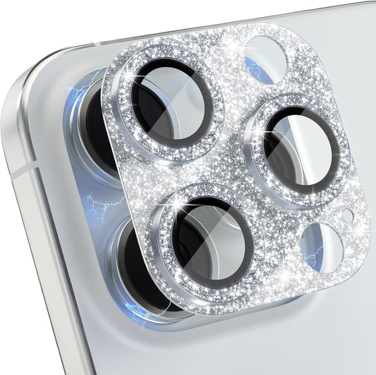 Choiche Compatible for iPhone 16 Pro/iPhone 16 Pro Max Camera Lens Protector, Bling Camera Cover with 9H Tempered Glass Lens Screen Protector Metal Ring Decoration Accessories (Glitter-Silver)