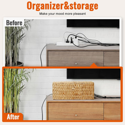 Posprica Cable Management Box with Lid, 2Pack Handwoven Real Water Hyacinth Cord Hider Organizer Boxes, 2 Side Open Slots Storage Box to Hide Cords Power Strip for Desk, Floor, Office