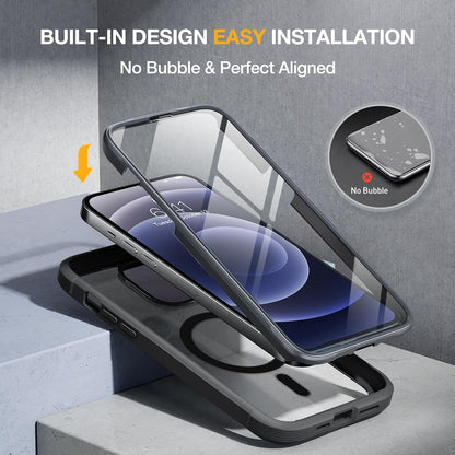 Miracase Magnetic for iPhone 12/12 Pro Case 6.1 inch, (Compatible with MagSafe) Upgrade Full-Body Clear Phone Bumper Case with Built-in 9H Tempered Glass Screen Protector, Magnetic Classic Black