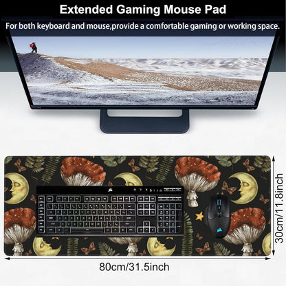 Vintage Magic Forest Desk Mat,Large Moon Amanita Mushroom and Forest Botanical Gaming Keyboard Mouse Pad,Non-Slip Rubber Base Desk Pad Thick Stitched Edges Waterproof Mousepad Mouse Mat 31.5"x11.8"