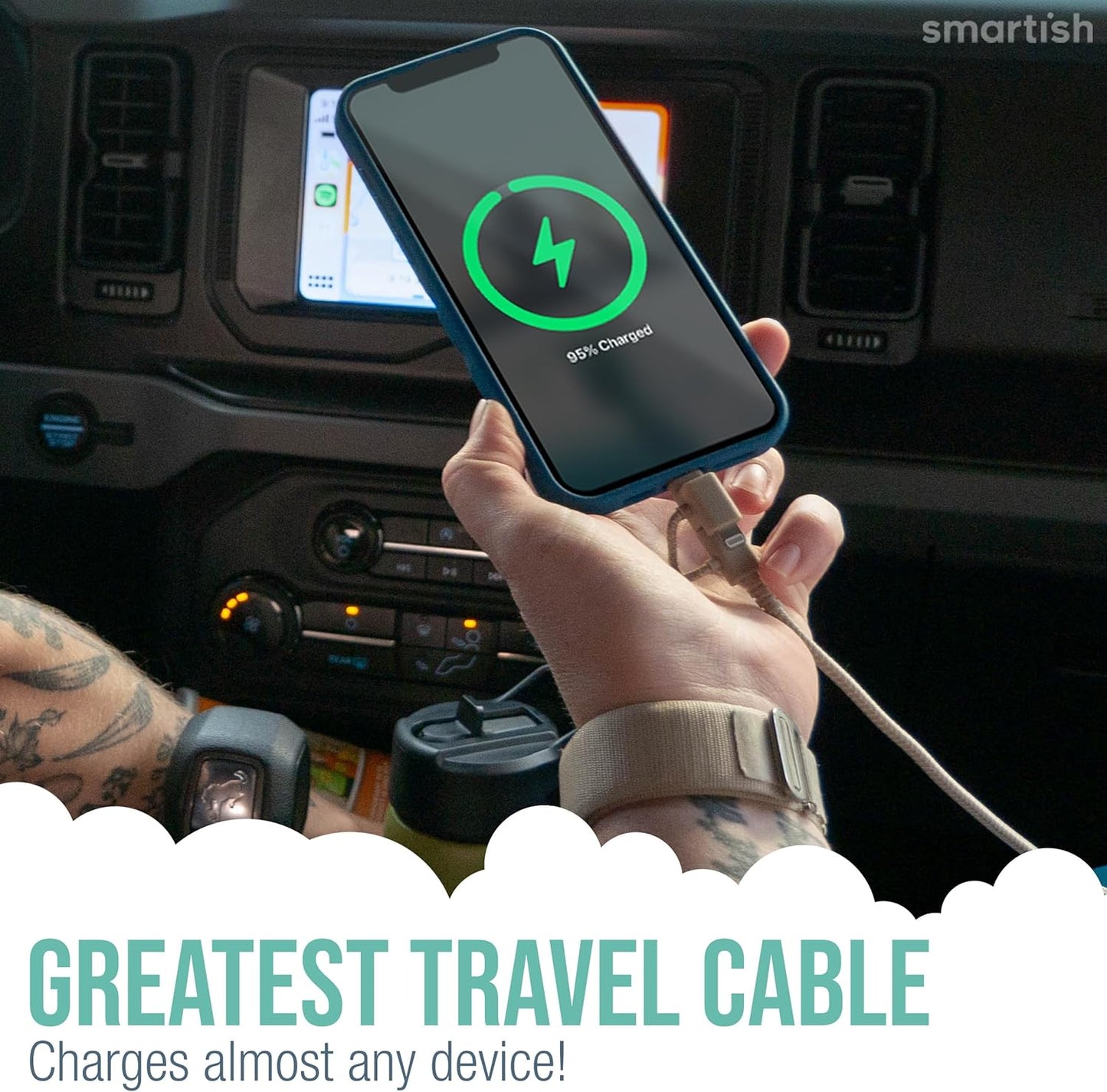 Smartish USB-C/Lightning Cable for iPhone 16/15/14 - Crown Joule - 6 Foot Universal Fast Fabric Wrapped Charging Cable w/Micro-USB - Apple MFi Certified for iPhone 13/12/SE/iPad/AirPods/Android - Pink