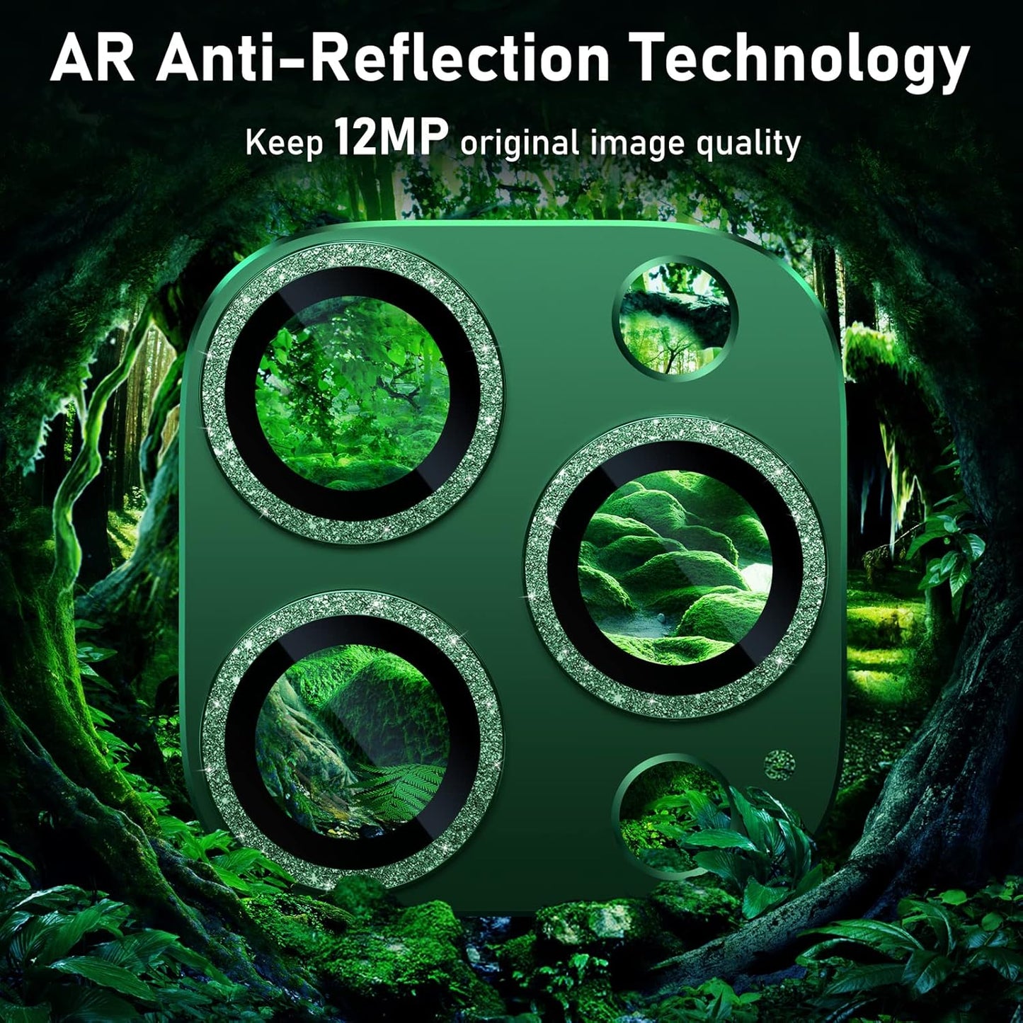 UniqueMe for iPhone 13 Pro/iPhone 13 Pro Max Camera Lens Protector, [Strong Drop Protection] [Not Easy to Fall-off] Metal Ring Tempered Glass Rear Camera Screen Cover - Alpine Green (Bling Circle)