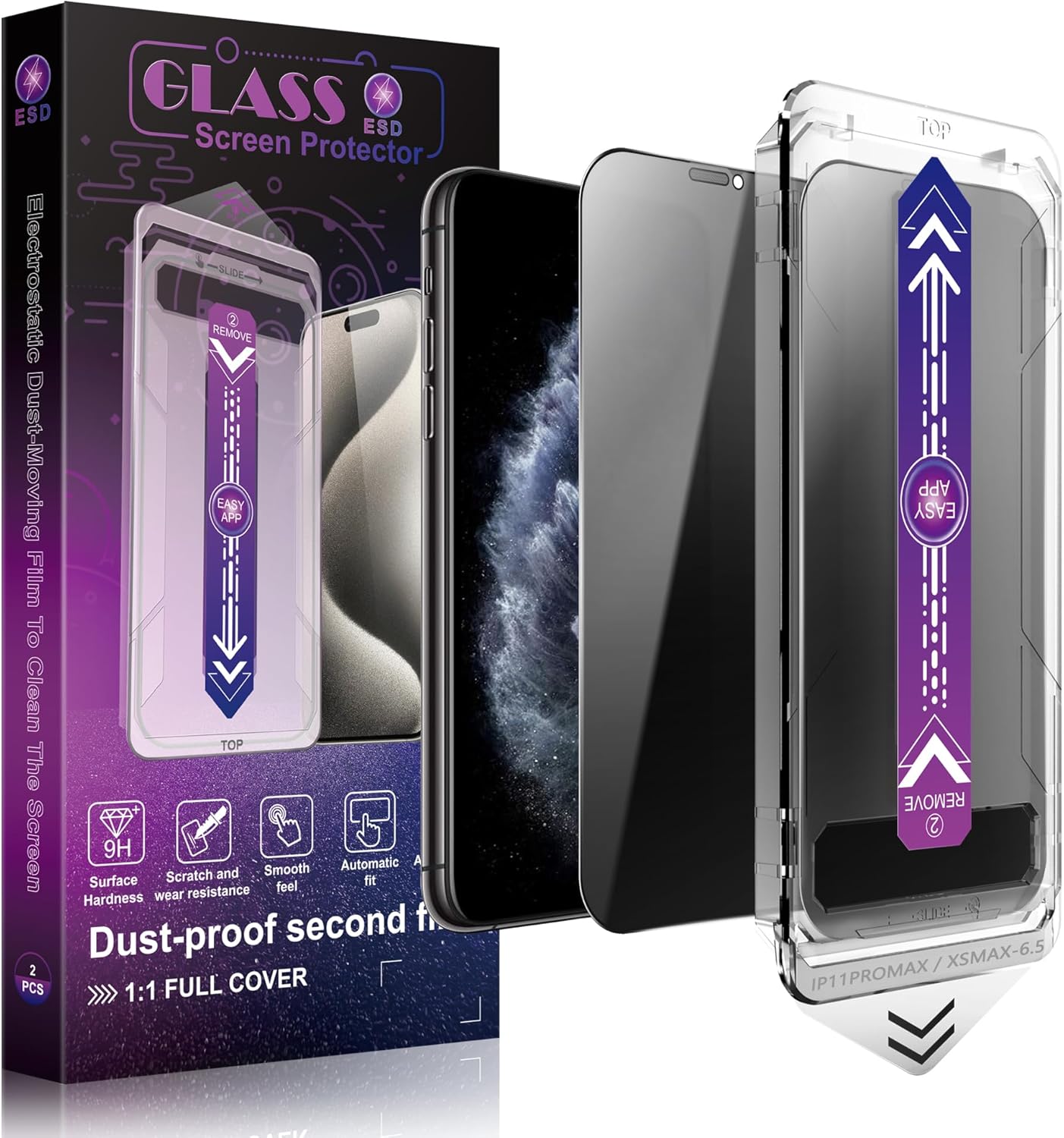 2 Pack Privacy Screen Protector for iPhone 11 Pro Max and iPhon Xs Max 6.5-Inch Auto Dust Removal, No Bubbles,Anti-Spy Tempered Glass Film, Easy Installation