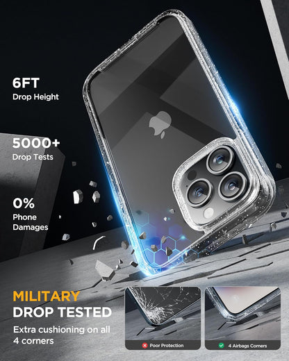 Miracase Glass Series for iPhone 15 Pro Max Case 6.7 Inch, Full-Body Drop Proof Phone Case for iPhone 15 Pro Max with Built-in 9H Tempered Glass Screen Protector + Camera Protector, Clear Glitter