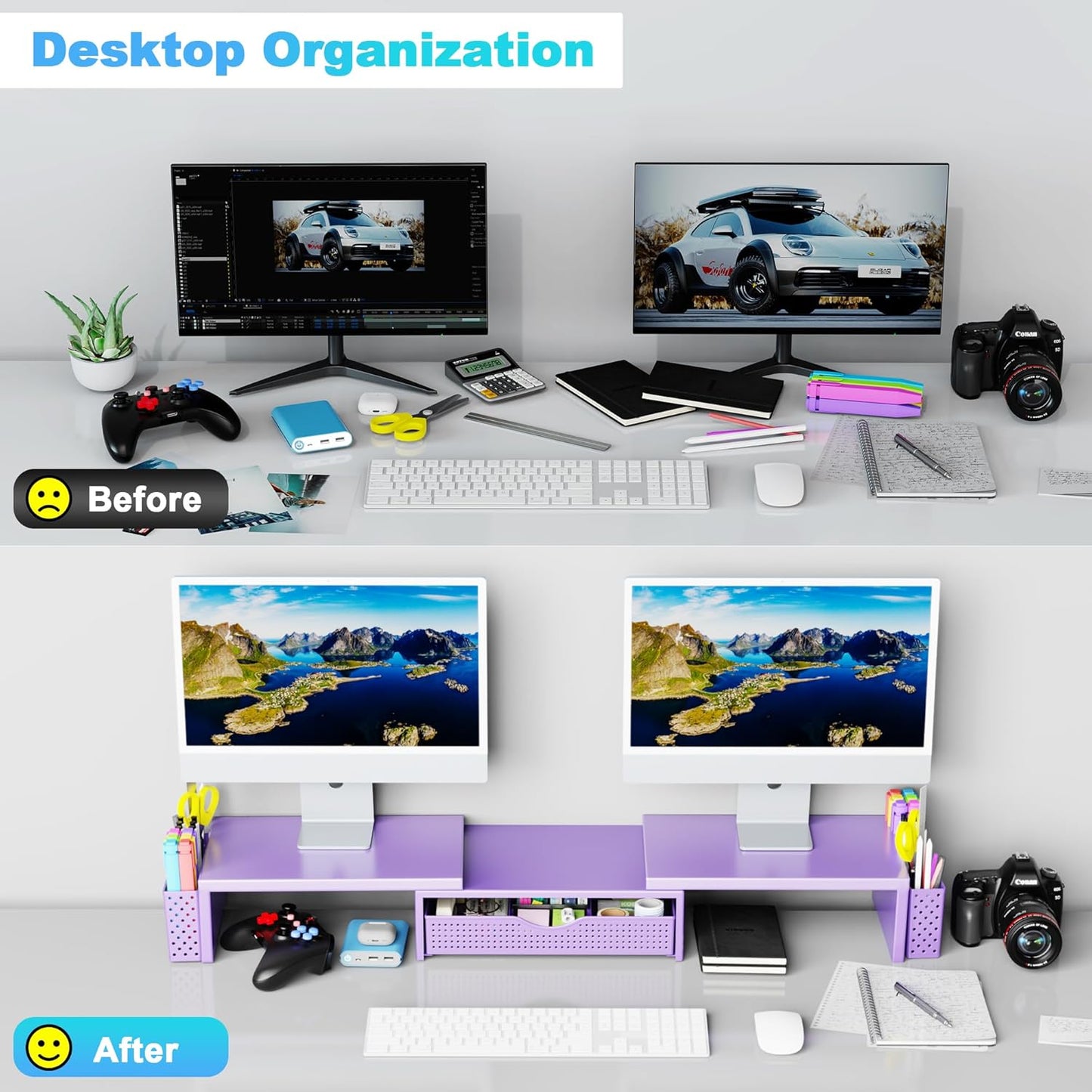 Spacrea Metal Desk Organizers and Accessories, Dual Monitor Stand Riser with Drawer and 2 Pen Holders, Desk Accessories & Workspace Desktop Organizers for Office Supplies (Purple)