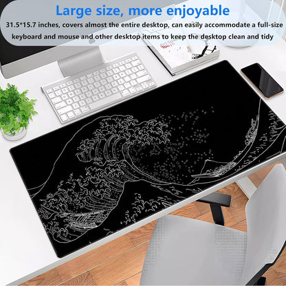 Japanese Great Wave Off Kanagawa Gaming Mouse Pad - XL Extended Ukiyo-e Art Desk Mat, Non-Slip Waterproof Rubber Base & Stitched Edges, 31.5 x 15.7 Inch Large Computer Mousepad