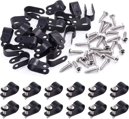 Swpeet 120 Pack Black 3/8 Inch Nylon Plastic R-Type Cable Clips Clamp Kit, Nylon Screw Mounting Cord Fastener Clips with 120 Pack Screws for Wire Management (3/8 Inch, Black)