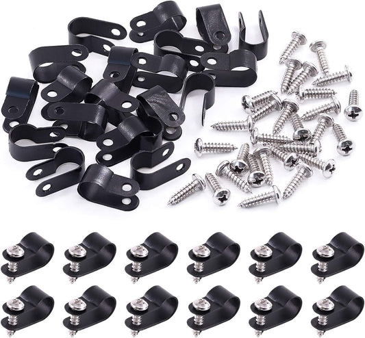 Swpeet 120 Pack Black 3/8 Inch Nylon Plastic R-Type Cable Clips Clamp Kit, Nylon Screw Mounting Cord Fastener Clips with 120 Pack Screws for Wire Management (3/8 Inch, Black)