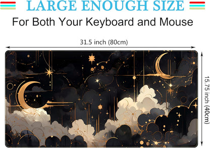 Black and Gold Celestial Desk Mat XXL Extended Gaming Mouse Pad Large Mousepad with Stitched Edges, Laptop Computer Keyboard Mouse Mat Desk Pad for Work Game Office Home Desk Decor 31.5x15.75 in