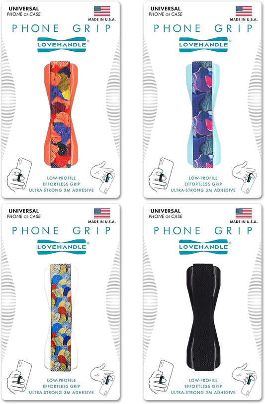 LOVEHANDLE Universal Phone Grip for Most Smartphones, Mini Tablets and Cases, Swirl Design Elastic Strap with Colored Base, 4 Piece Value Pack