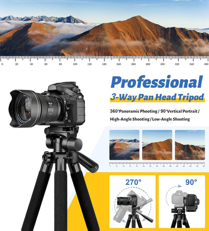 JOILCAN Tripod for Camera, 67" Heavy Duty Camera Tripod, Phone Tripods for Video Recording Photo Vlog, Aluminum Tripods with Holder & Travel Bag for Cameras DSLR iPhone Projector Laser