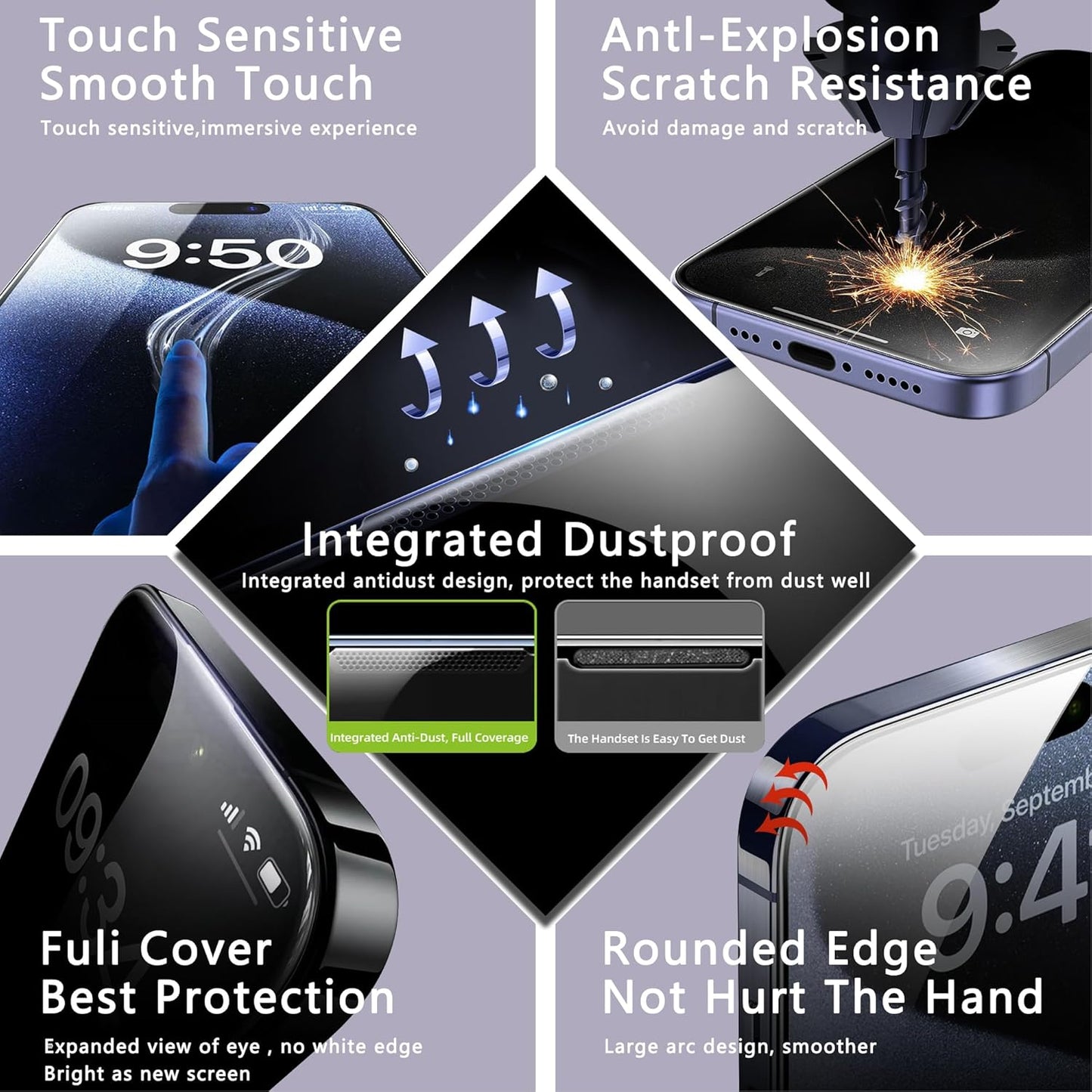 2 Pack Screen Protector for iPhone 14 Pro Max/iPhone 15 Plus/iPhone 16 Plus, 9H Tempered Glass, Full Coverage, Anti-Fingerprint, Auto Dust-Elimination, No Bubble, Easy Installation