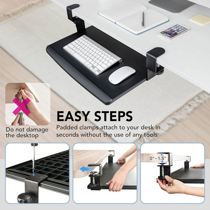 EHO Prime Desk Clamp Keyboard Tray, Under Desk Sliding Retractable Drawer, Ergonomic Space-Saving Platform for Standard Keyboards, Large 20" x 11.5" Workstation Extension