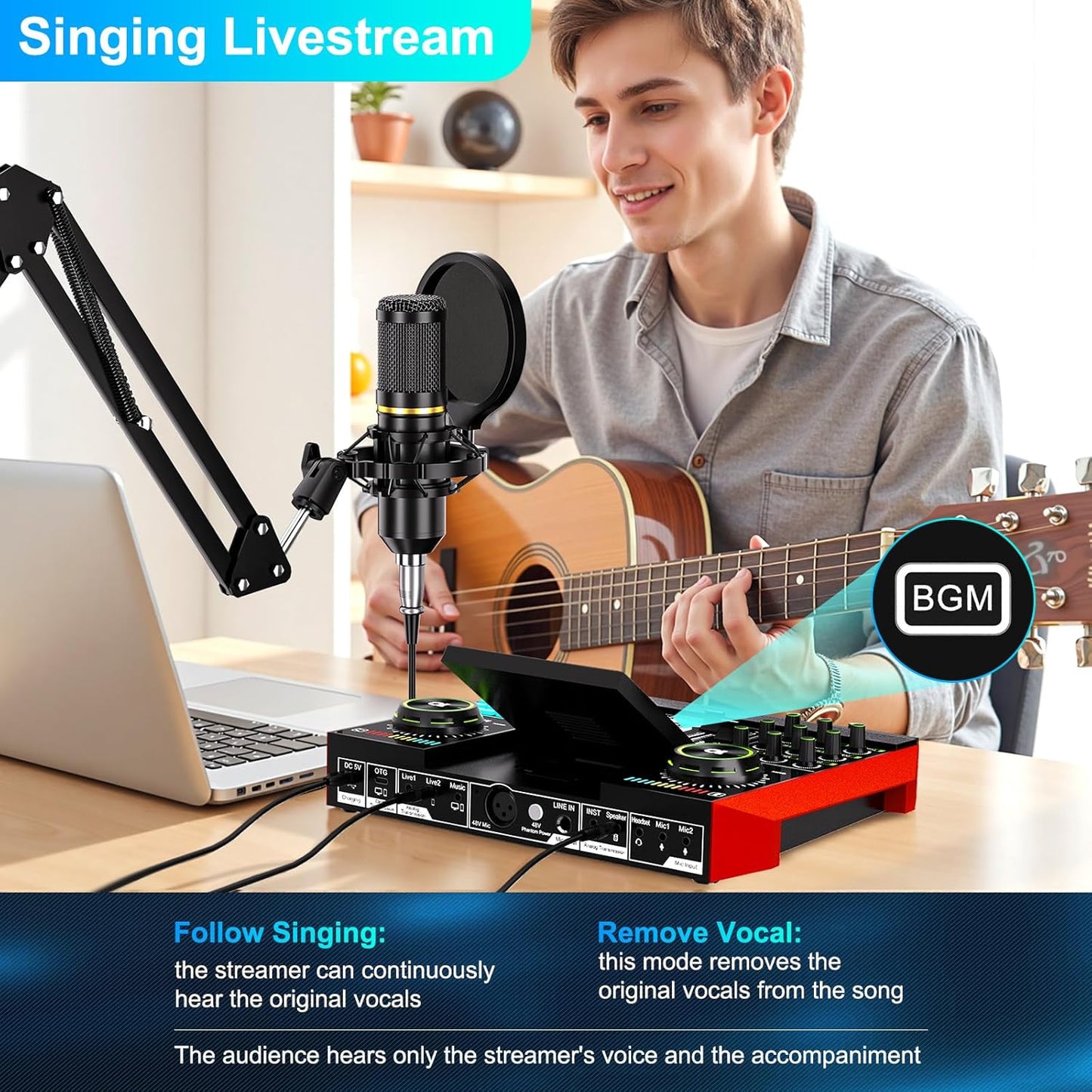 Podcast Equipment Bundle with 3.5mm Condenser Microphone for Pc/Phone Live Streaming Singing Gaming, Podcast Microphone Bundle with Live Sound Card Audio Mixer,Voice Changer, Denoise,DJ Sets