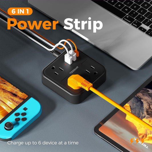 Surge Protector Power Strip, TESSAN Flat Extension Cord 5 FT with USB Ports (1 USB C) and 3 Outlets, Ultra Thin Flat Plug Wall Charger for Home, Office, School, Dorm Room Essentials, Black