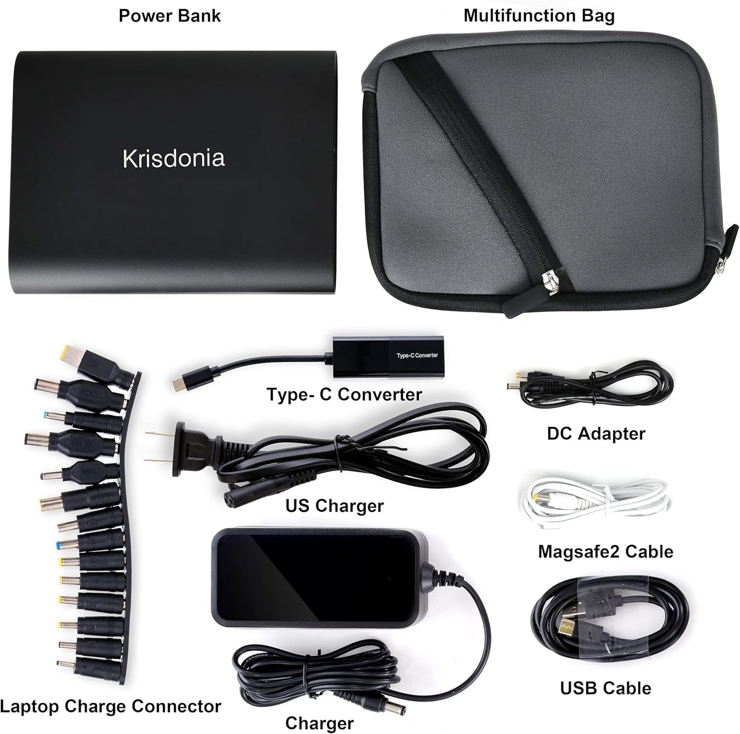 Krisdonia 50000mAh Laptop Power Bank 5/9/12/16/19/20V Portable Laptop Battery Charger with QC3.0 USB-A Port & 12V Type-C Port for Laptop, Tablet, Smartphone and More Devices