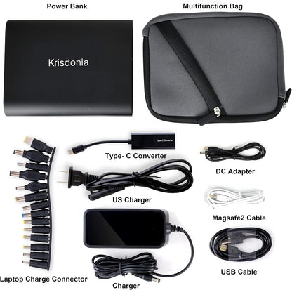 Krisdonia 50000mAh Laptop Power Bank 5/9/12/16/19/20V Portable Laptop Battery Charger with QC3.0 USB-A Port & 12V Type-C Port for Laptop, Tablet, Smartphone and More Devices