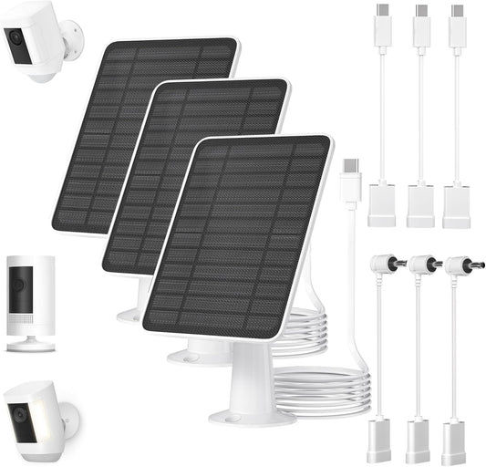 5W Solar Panel for Ring Camera, Solar Panel Charger Compatible with Ring Spotlight Plus/Pro Stick Up Outdoor Cam Battery, 9.8ft Cable with USB-C to Barrel Plug Adapter & Micro-USB Adapter, 3 Pack